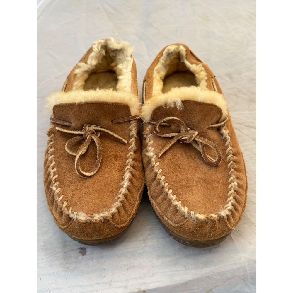 LL Bean Wicked Good Moccasins Tan Suede Shearling Slippers Womens 9 Wide 264593